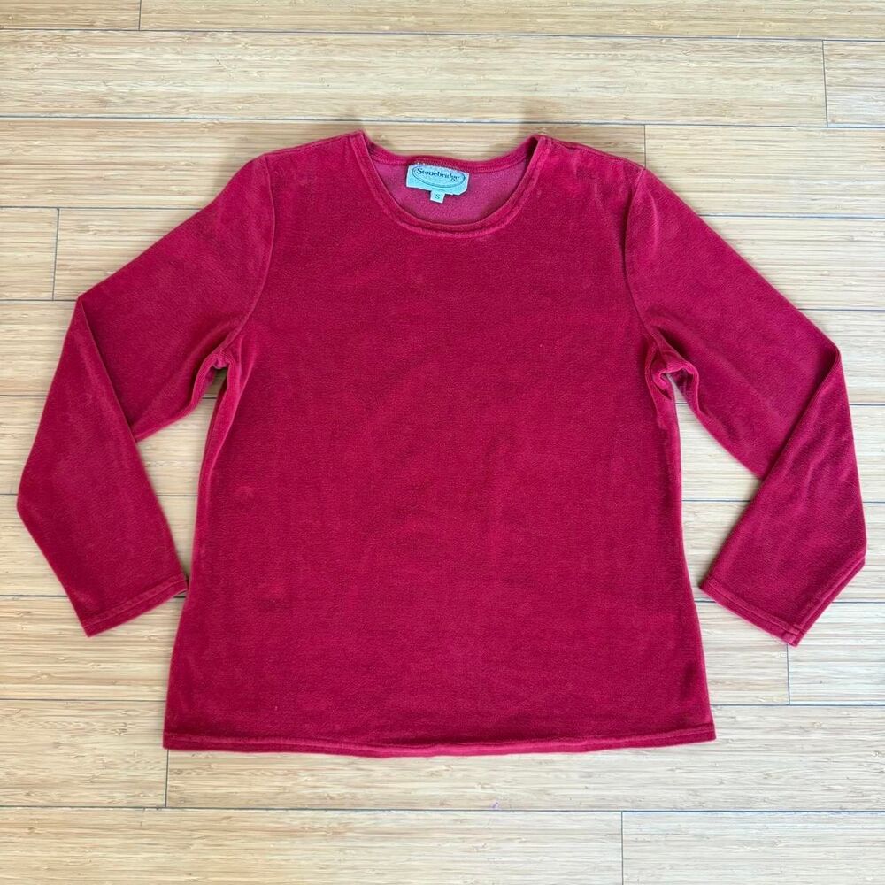 Vintage 90s Stonebridge Red Velour Crewneck Sweater Small